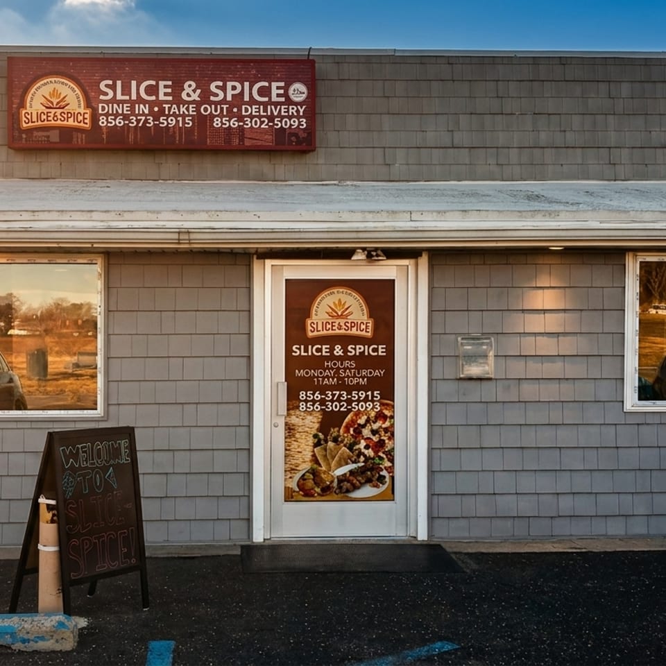 Exterior of Slice & Spice restaurant with gray siding, a welcome sign, and menu on the door.