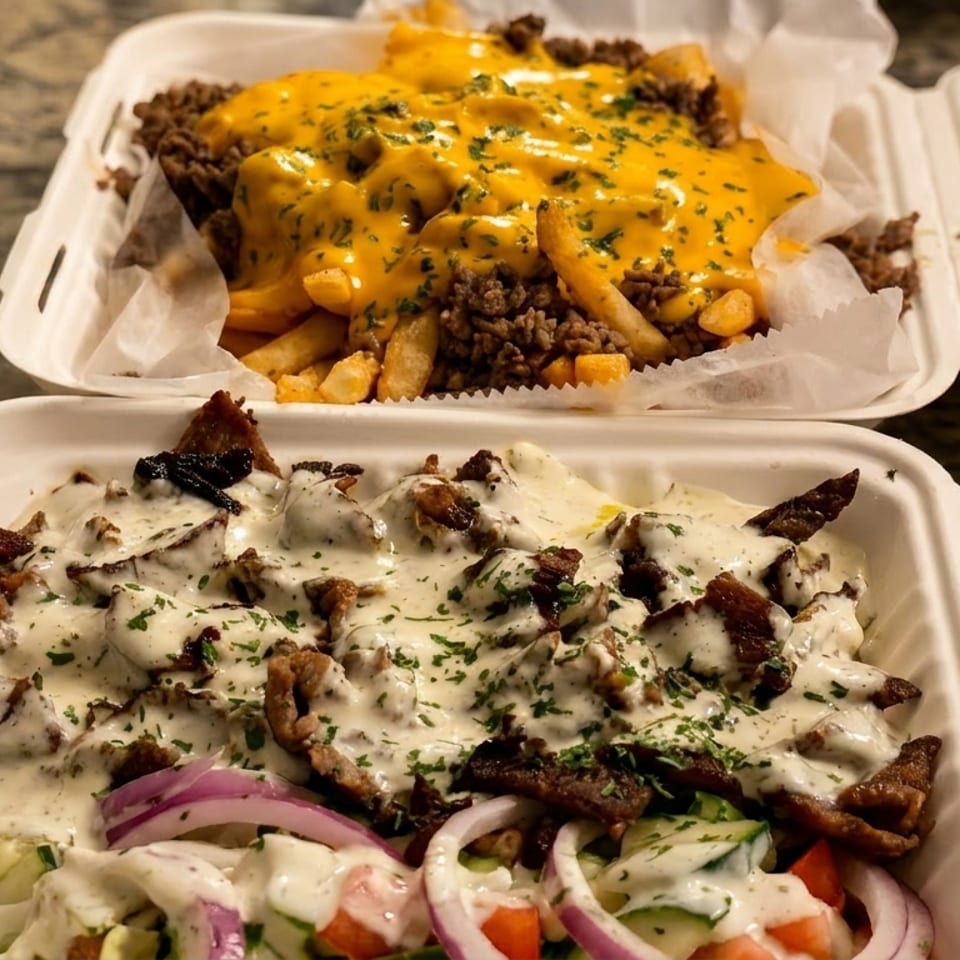 Two takeout containers with a cheesesteak fries and a gyro platter with white sauce.