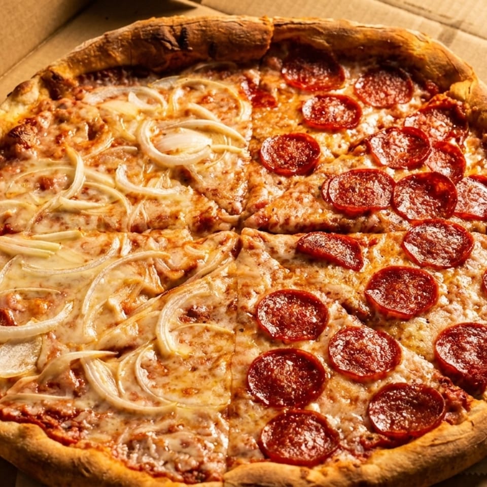 A half-pepperoni, half-onion pizza in a cardboard delivery box.