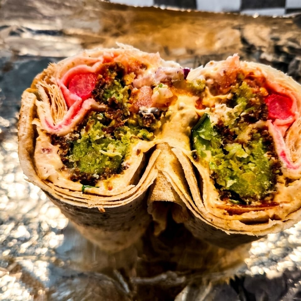 A falafel wrap, cut in half, revealing green falafel, pink pickled turnips, and sauce.