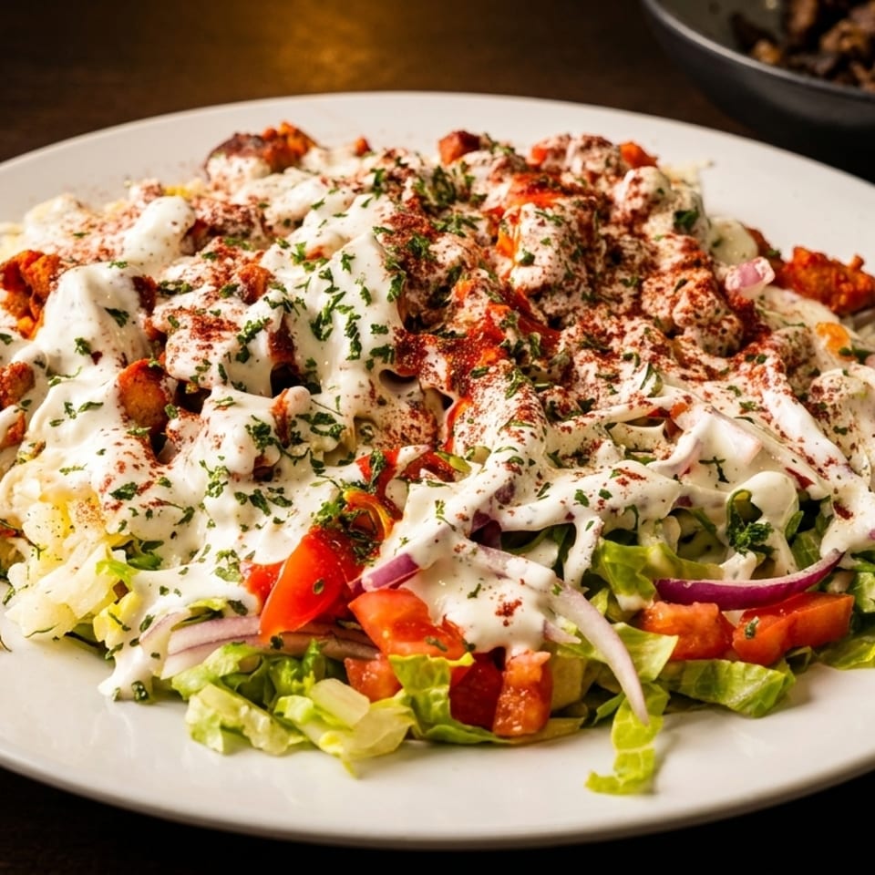 A white plate of chicken and rice with salad, drizzled with white sauce and sprinkled with spices.