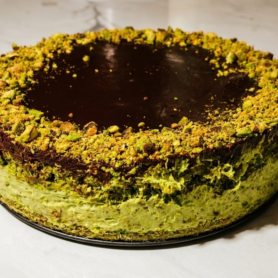A round pistachio cheesecake with a dark chocolate ganache topping and crushed pistachios.