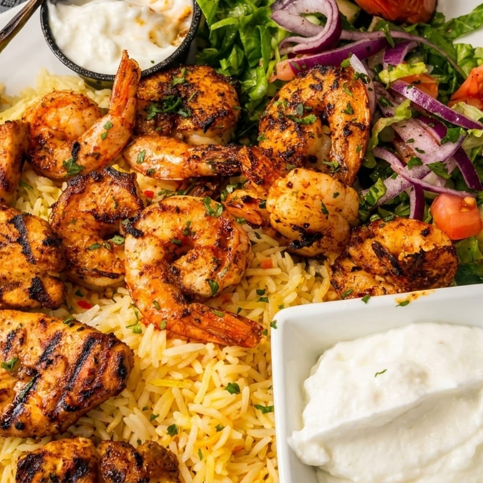 Grilled chicken and shrimp with rice, salad, and two dipping sauces on a white plate.