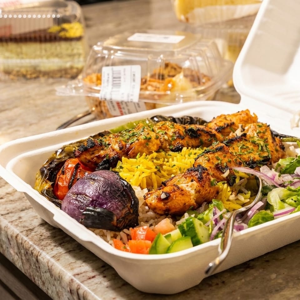 Grilled chicken skewers, rice, roasted vegetables, and salad in a takeout container on a counter.