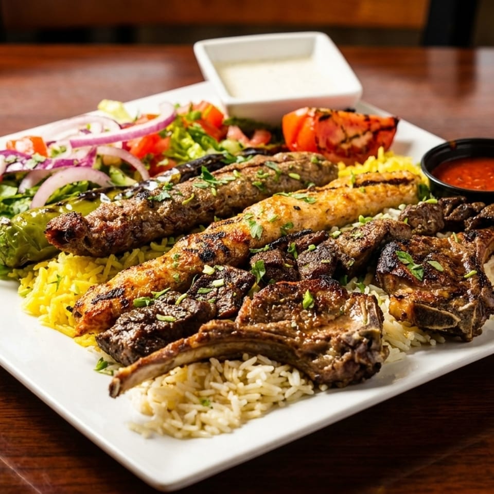 A large platter of grilled meats, rice, salad, and sauces on a dark wooden table.
