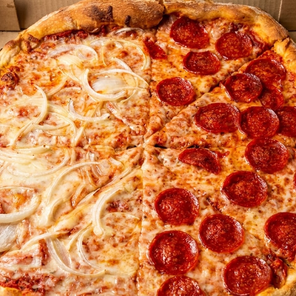 Half pepperoni and half onion pizza in a cardboard box, sliced and ready to eat.